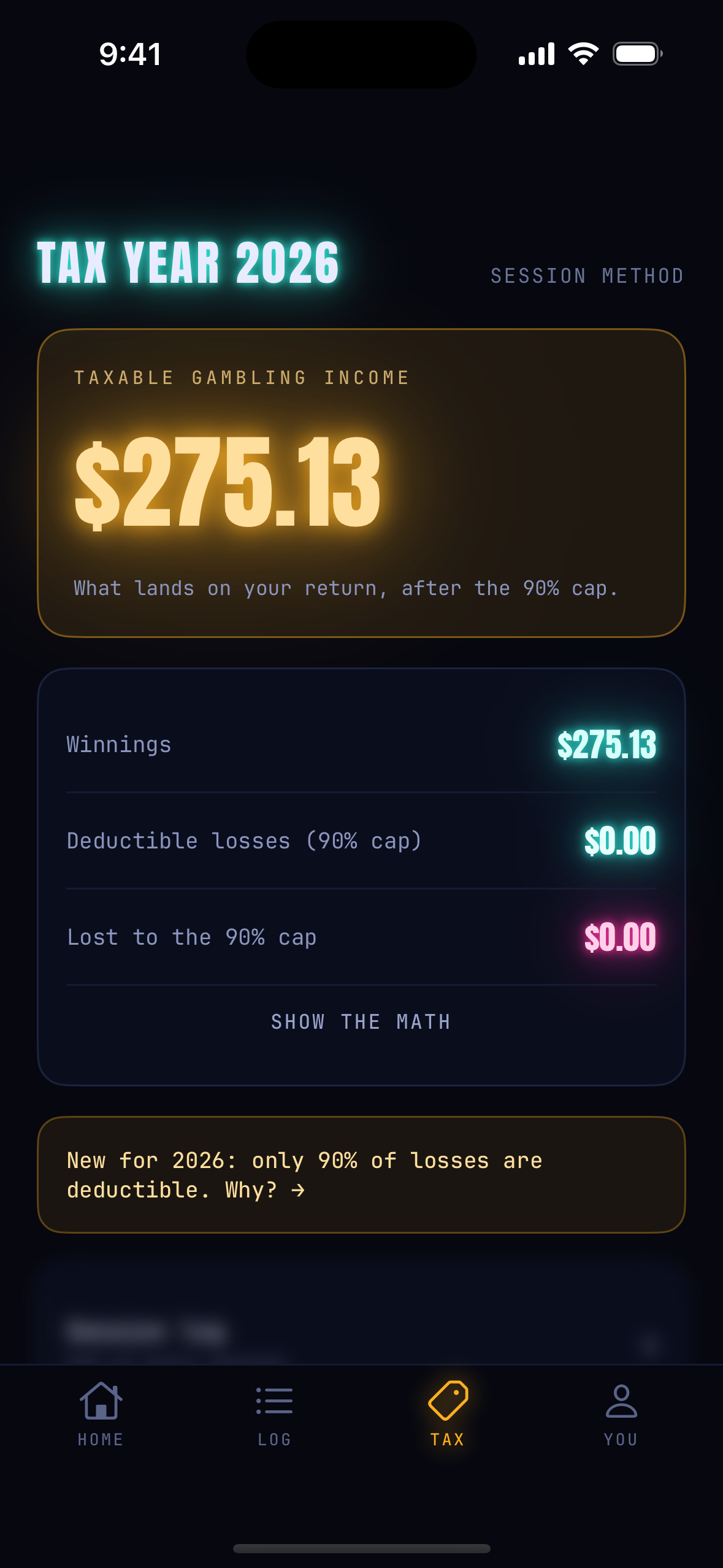 Degen Dashboard tax summary screen